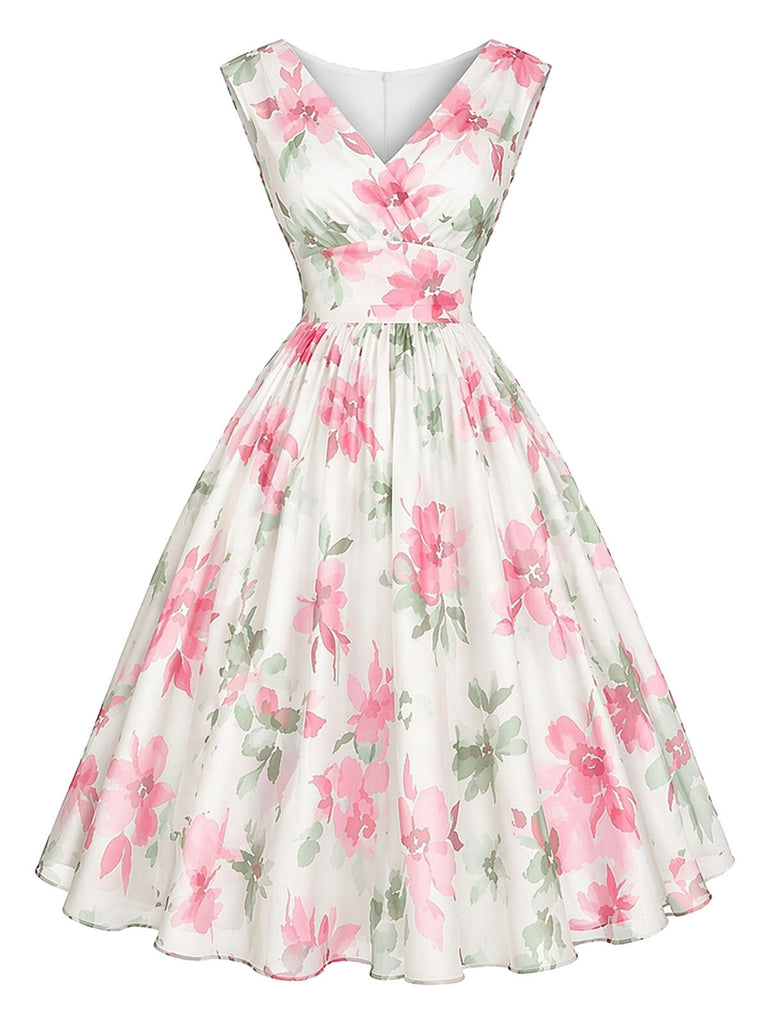 Rosa 50er Kleid mit V-Ausschnitt und Blumen