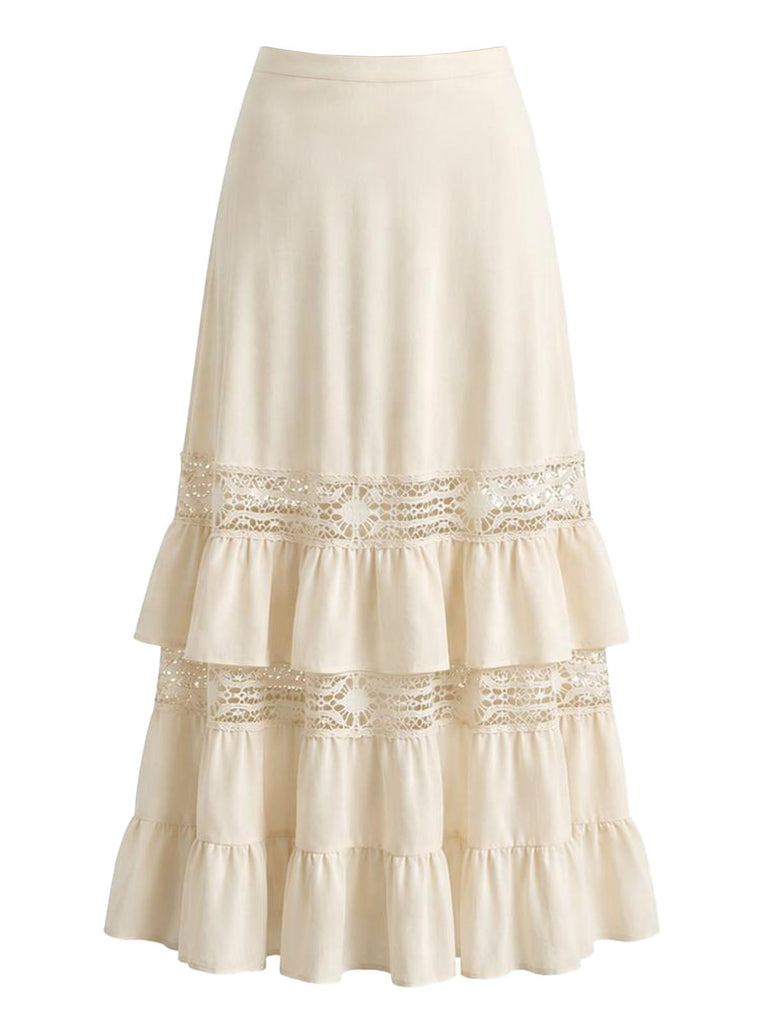 Beige 70er Boho Bluse mit Rüschen und Spitze