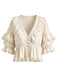 Beige 70er Boho Bluse mit Puffärmel und Rüschen