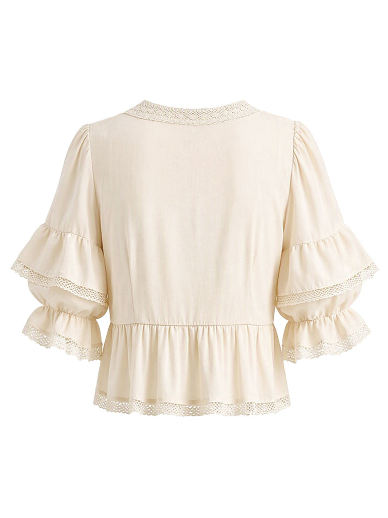 Beige 70er Boho Bluse mit Rüschen und Spitze
