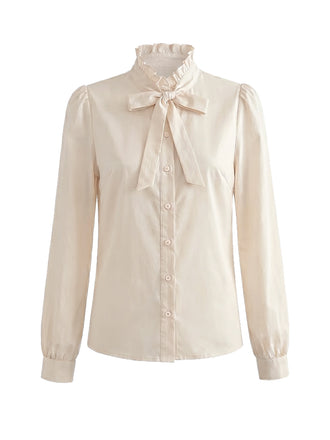 Elfenbeinfarbene 40er Bluse mit Schleife und Rüschen