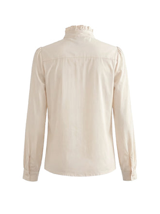 Elfenbeinfarbene 40er Bluse mit Schleife und Rüschen