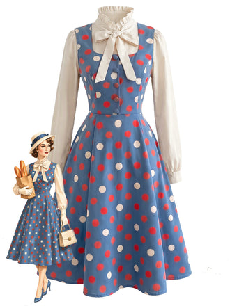50er Set mit Polka-Dot-Kleid und Schleifen-Rüschenbluse