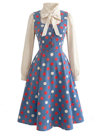 50er Set mit Polka-Dot-Kleid und Schleifen-Rüschenbluse