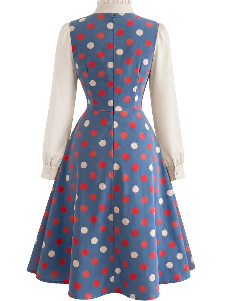 50er Set mit Polka-Dot-Kleid und Schleifen-Rüschenbluse