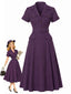 [Vorverkauf] Tiefviolettes 40er Hemdblusenkleid mit Nadelstreifen und Gürtel
