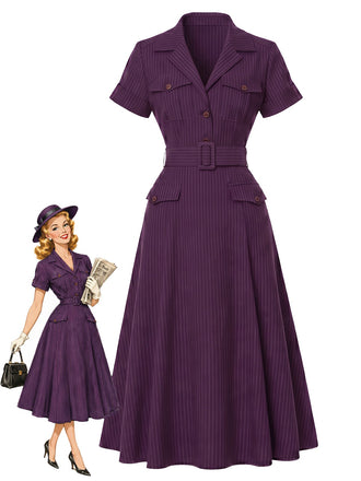 [Vorverkauf] Tiefviolettes 40er Hemdblusenkleid mit Nadelstreifen und Gürtel