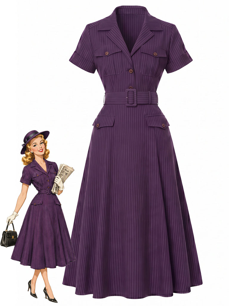 Lila 40er Hemdblusenkleid mit Nadelstreifen