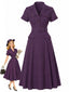 [Vorverkauf] Tiefviolettes 40er Hemdblusenkleid mit Nadelstreifen und Gürtel