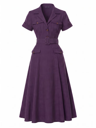 Lila 40er Hemdblusenkleid mit Nadelstreifen