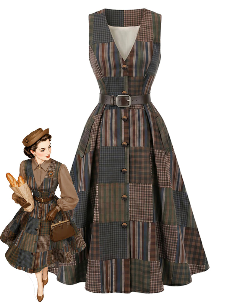 Braunes ärmelloses 40er A-Linien-Kleid mit Patchwork-Karos und Gürtel