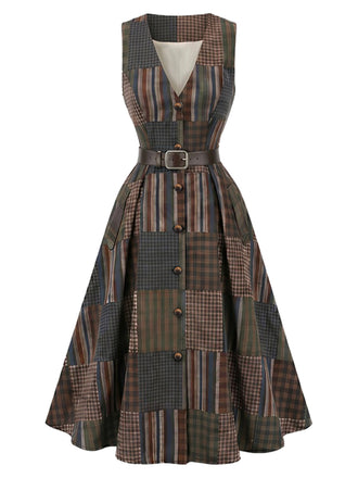 Braunes ärmelloses 40er A-Linien-Kleid mit Patchwork-Karos und Gürtel