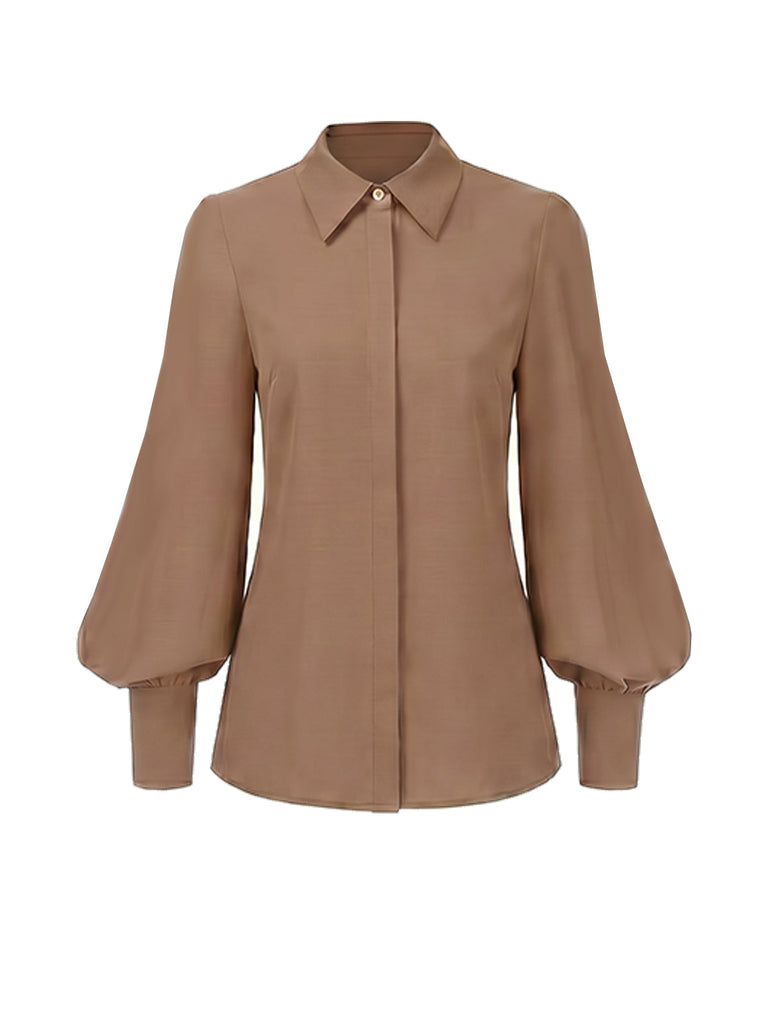 Braune 40er Bluse mit Ballonärmeln und verdeckter Knopfleiste