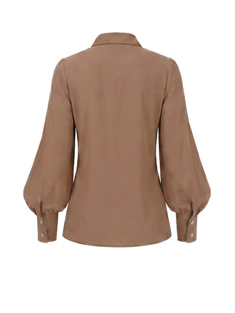 Braune 40er Bluse mit Ballonärmeln und verdeckter Knopfleiste