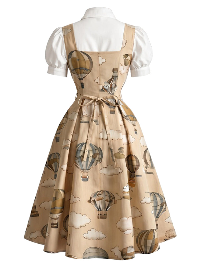 Khaki 50er Faux-Zweiteiler-Kleid mit Heißluftballon-Print