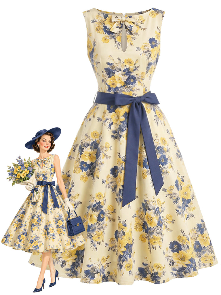 Mehrfarbiges 50er Kleid mit Blumen und Schleife