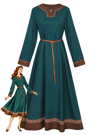 Blaugrünes 70er Kleid mit Besatz und Gürtel