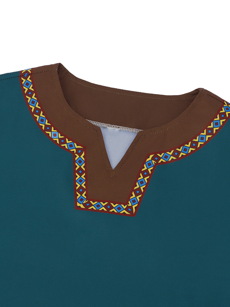 Blaugrünes 70er Kleid mit Besatz und Gürtel