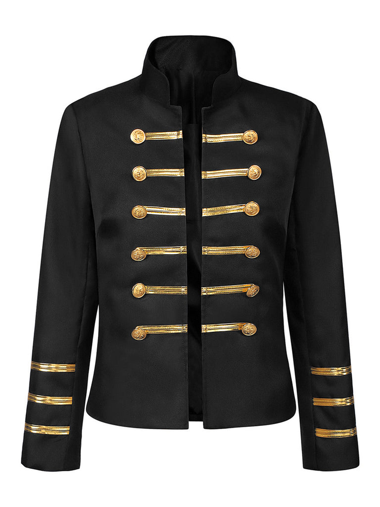 Blaue 70er Jacke mit Stehkragen, Goldstreifen und Zierknöpfen