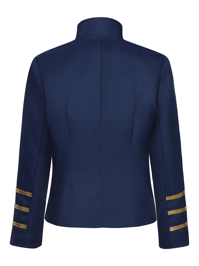 Blaue 70er Jacke mit Stehkragen, Goldstreifen und Zierknöpfen
