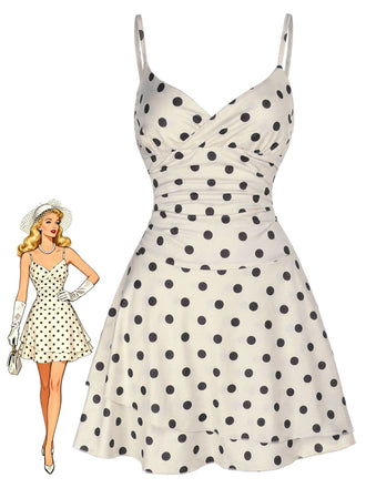 Beiges 60er Minikleid mit Polka-Dots und Herzausschnitt
