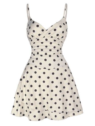 Beiges 60er Minikleid mit Polka-Dots und Herzausschnitt