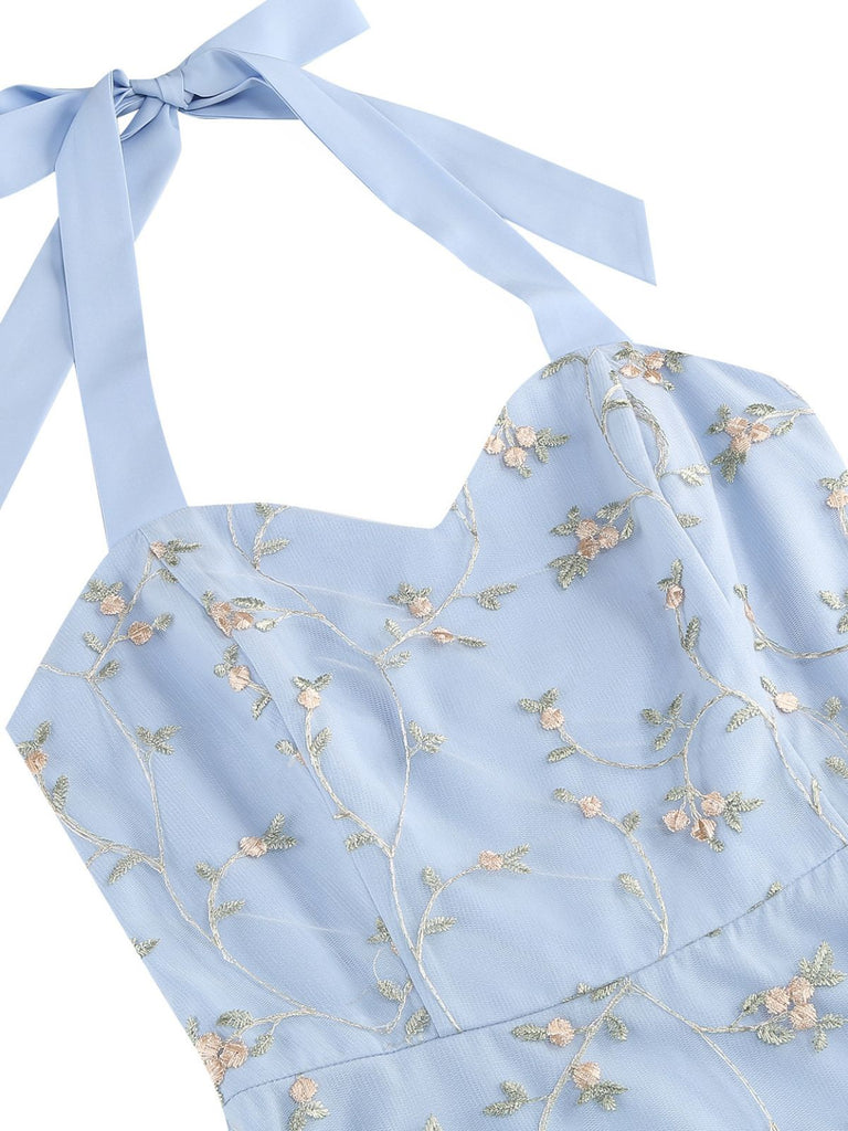 50er Netzkleid mit Blumenstickerei und Neckholder