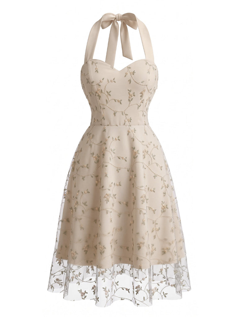 50er Netzkleid mit Blumenstickerei und Neckholder