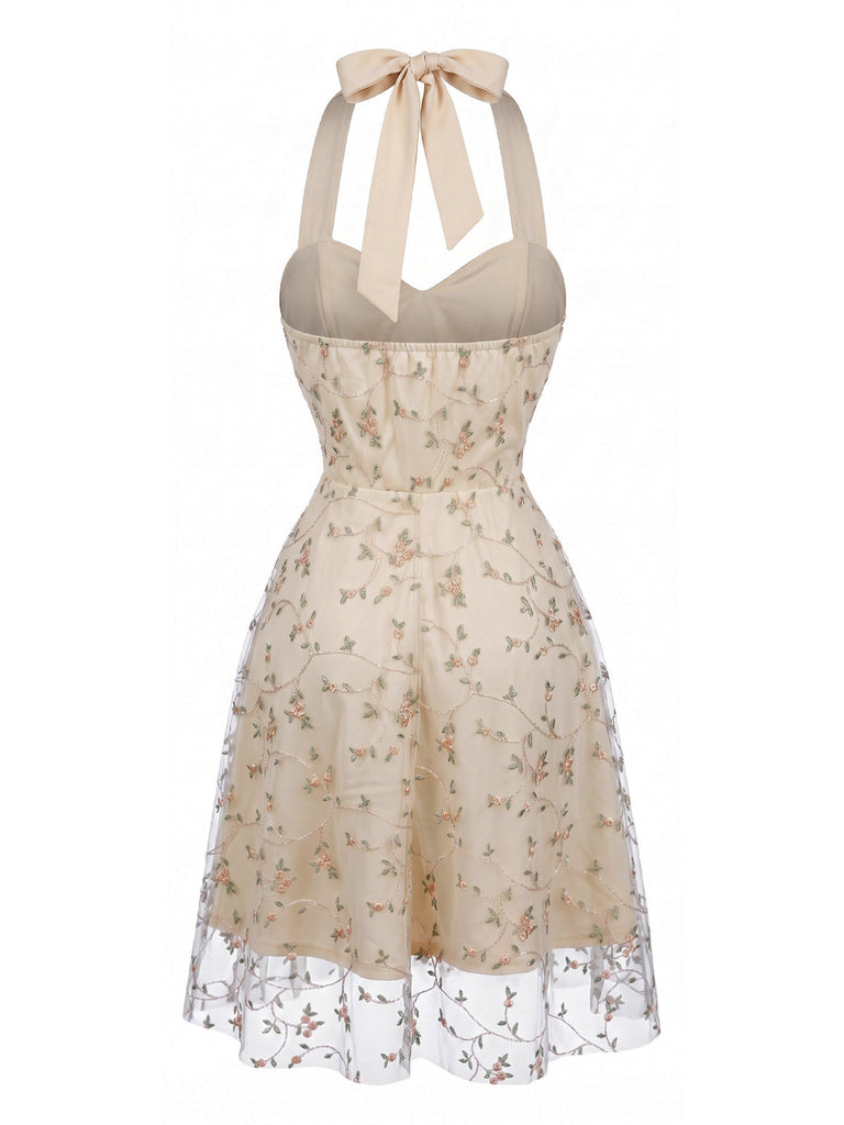 50er Netzkleid mit Blumenstickerei und Neckholder