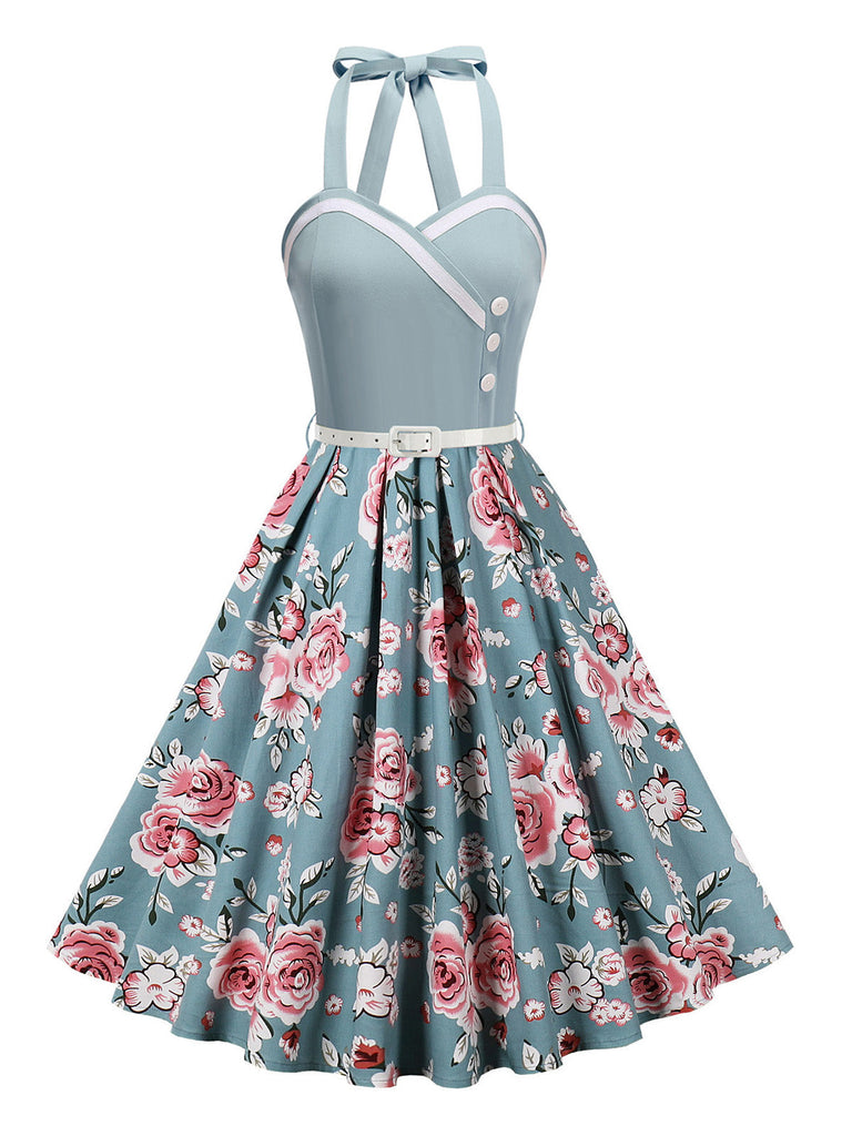 50er Ärmelloses Kleid mit Neckholder und Blumen