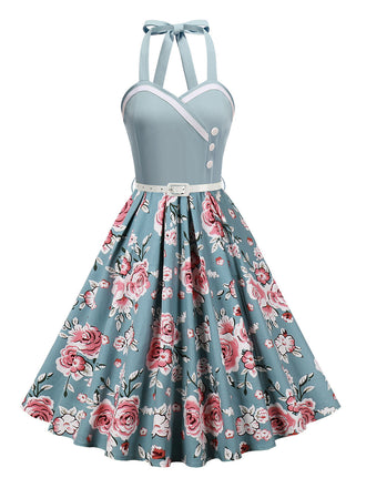 50er Ärmelloses Kleid mit Neckholder und Blumen