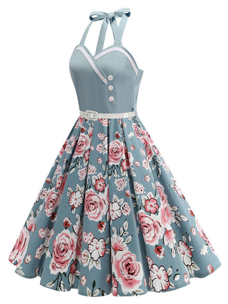 50er Ärmelloses Kleid mit Neckholder und Blumen