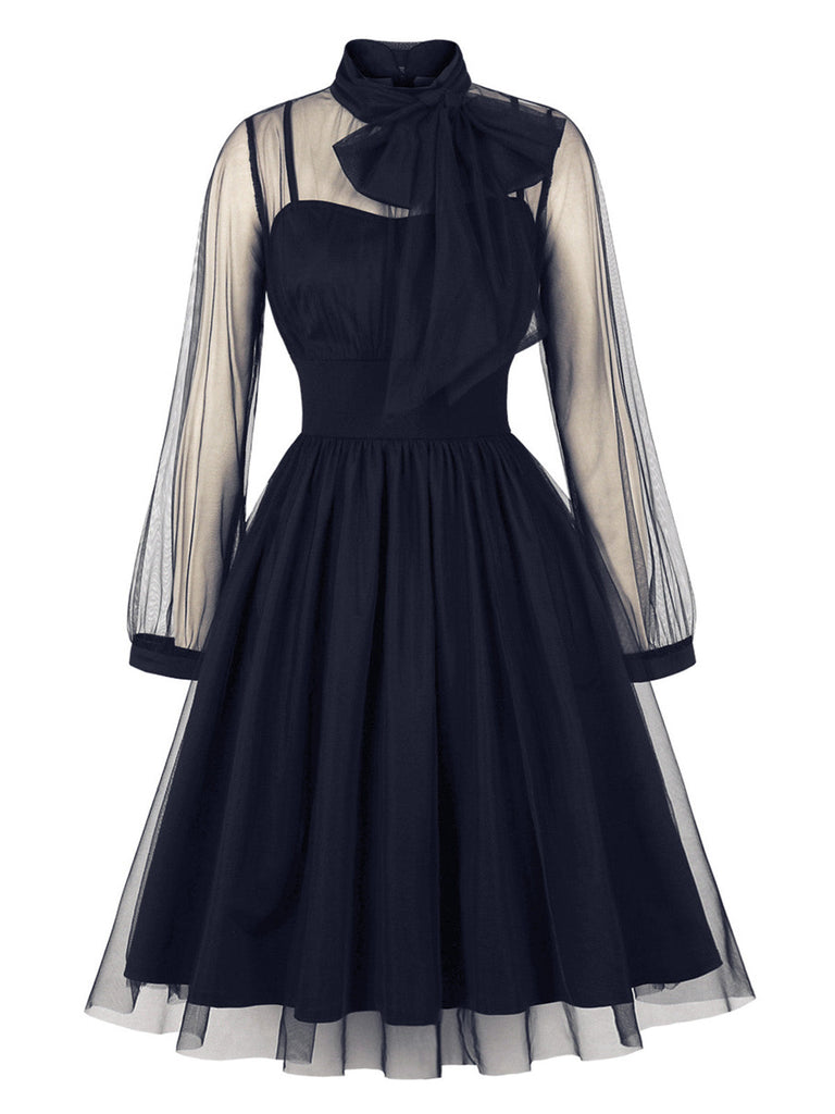 50er Netz-Kleid mit Schleife und Langarm