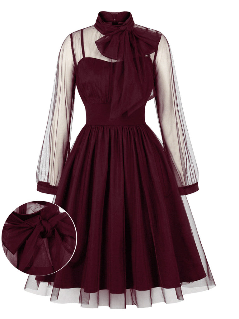 50er Netz-Kleid mit Schleife und Langarm