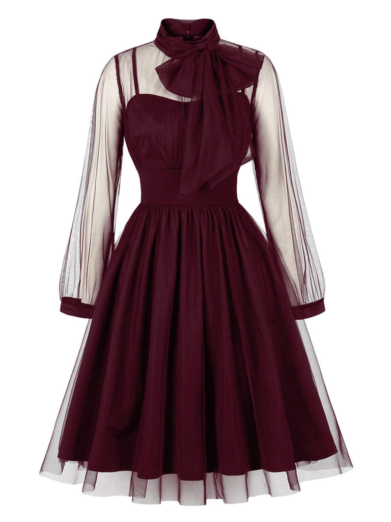 50er Netz-Kleid mit Schleife und Langarm