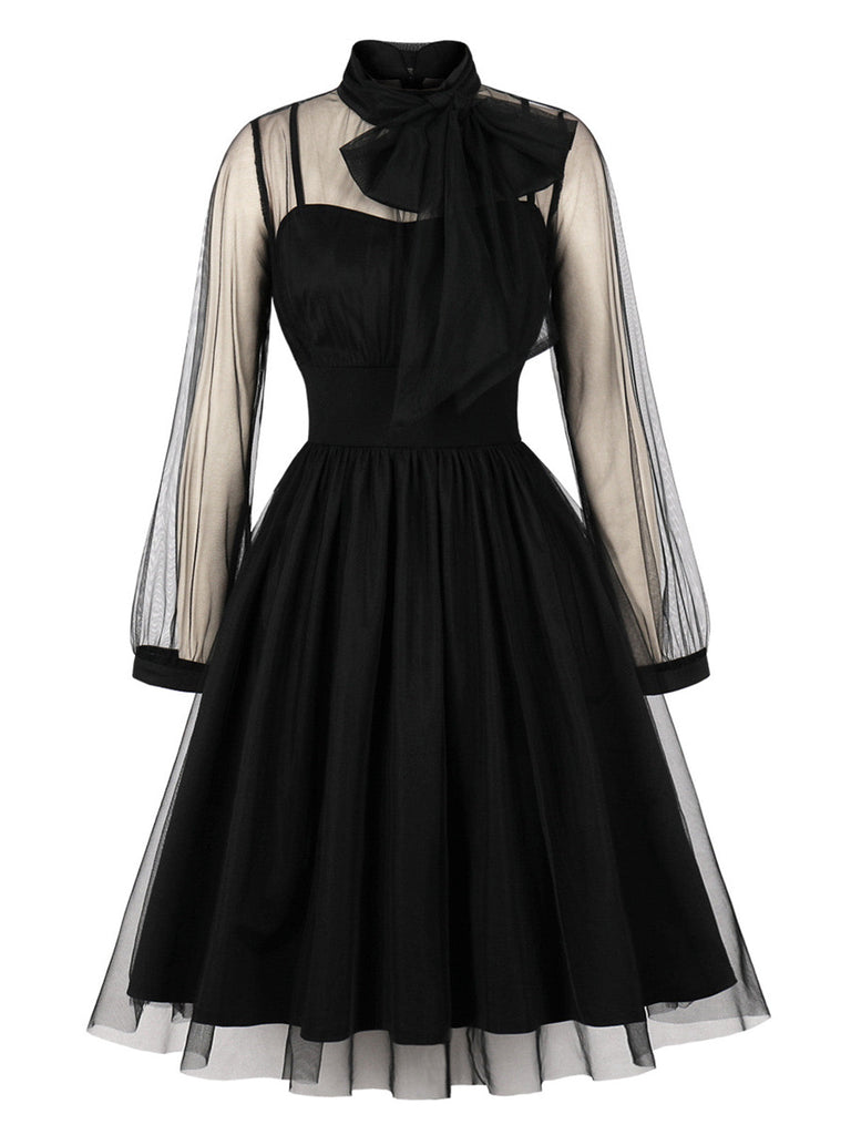 50er Netz-Kleid mit Schleife und Langarm