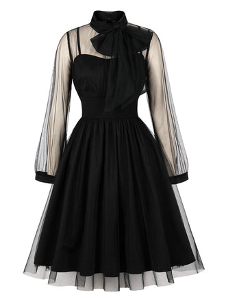 50er Netz-Kleid mit Schleife und Langarm
