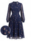 Dunkelblaues 40er Plisseekleid mit Ditsy-Blumen und transparenten Ärmeln