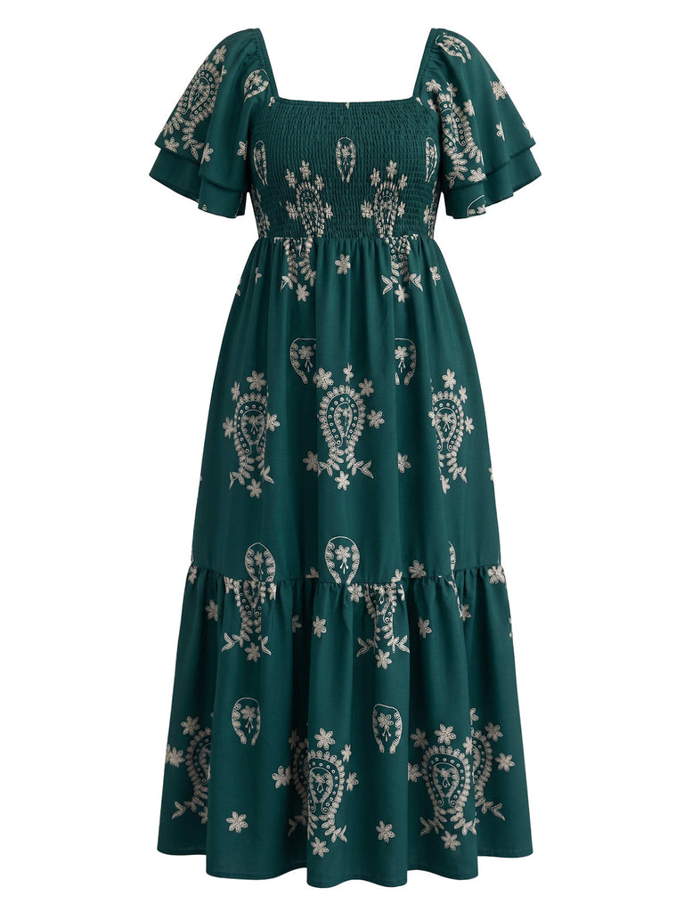 [Übergröße] Grünes 70er Boho-Maxikleid mit Stickerei