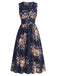 [Übergröße] Blaues 50er Kleid mit Blumen und Wickelausschnitt