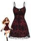 Rotes 60er Gothic-Meshkleid mit Spaghettiträgern und Totenkopf-Print