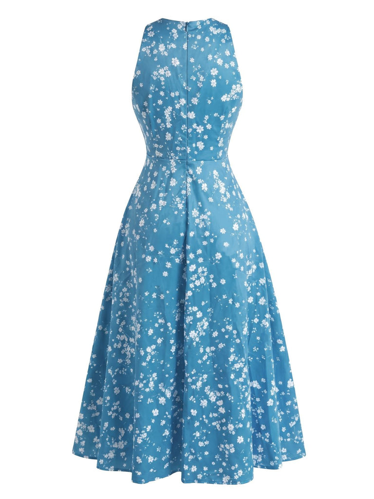40er Ärmelloses Swingkleid mit Streublumen und V-Ausschnitt