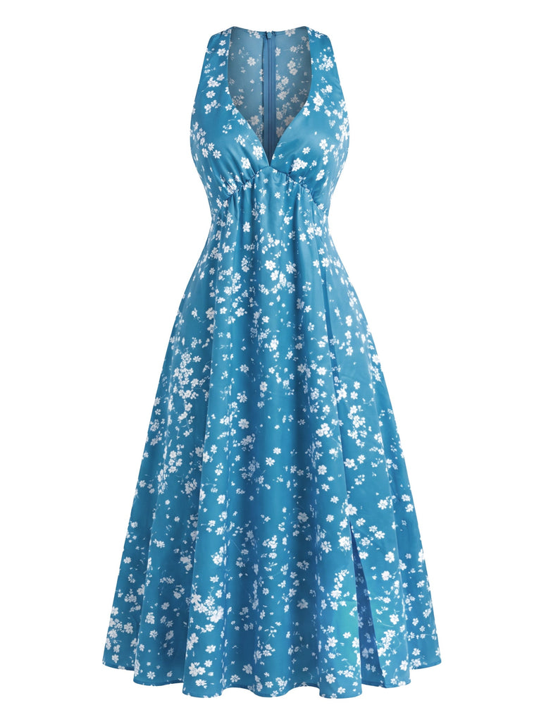 40er Ärmelloses Swingkleid mit Streublumen und V-Ausschnitt