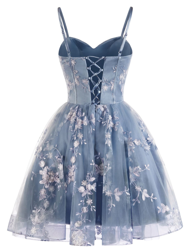 Blaues 30er Tüllkleid mit Blumenstickerei