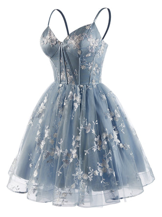 Blaues 30er Tüllkleid mit Blumenstickerei