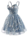 Blaues 30er Tüllkleid mit Blumenstickerei