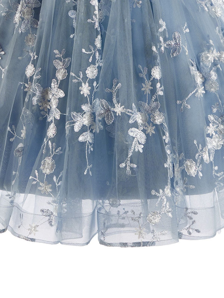 Blaues 30er Tüllkleid mit Blumenstickerei