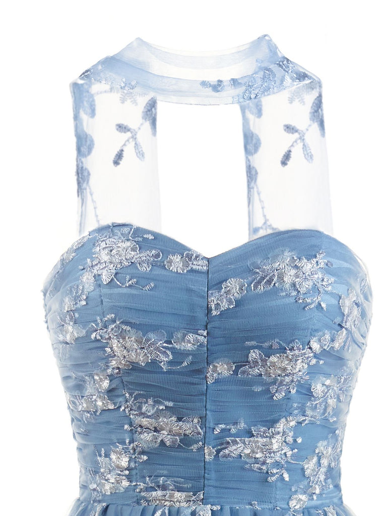Blaues 30er Maxikleid mit Neckholder und Spitze