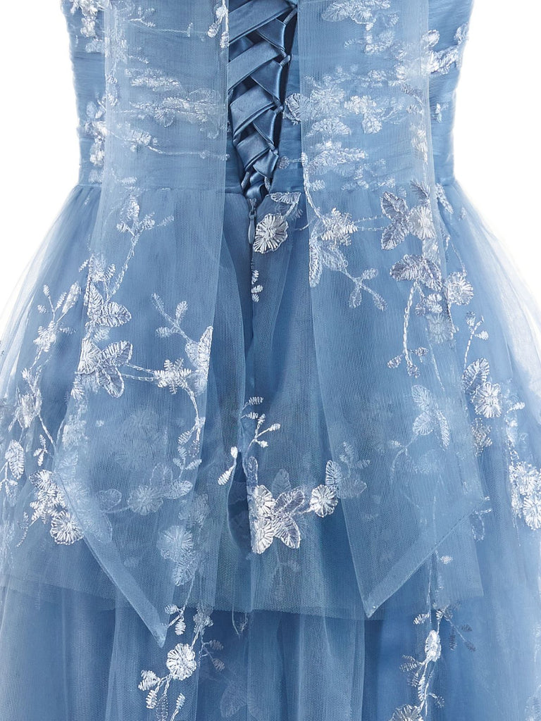 Blaues 30er Maxikleid mit Neckholder und Spitze