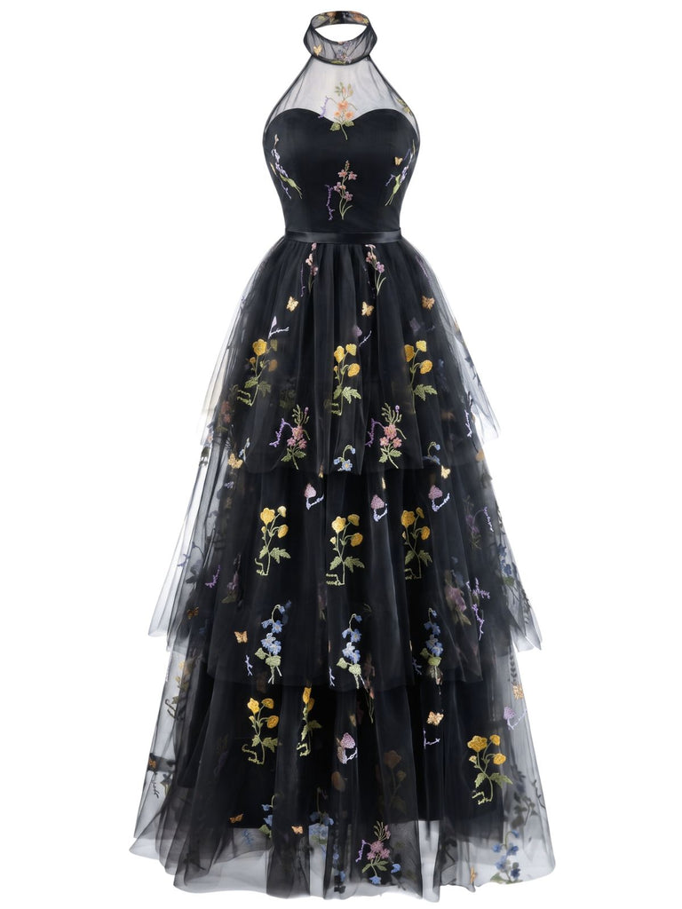 30er Netz-Maxikleid mit Neckholder und Blumen
